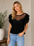 🖤 Anthropologie Black Onyx Sheer Swiss Dot Lace Ruffle Flutter Sleeve Blouse Top 🖤 - Size Large