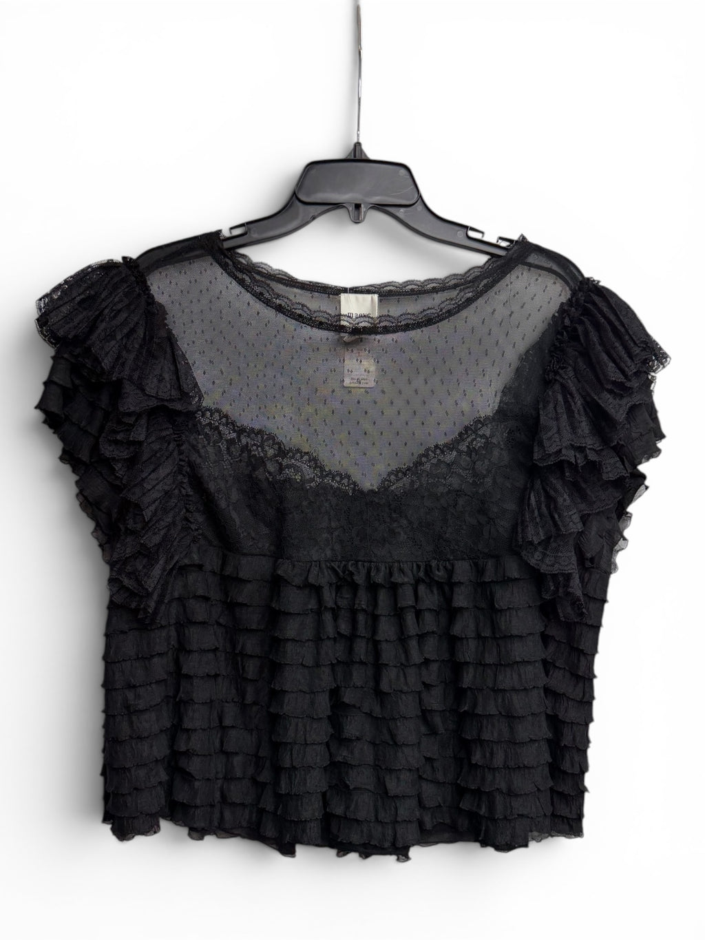 🖤 Anthropologie Black Onyx Sheer Swiss Dot Lace Ruffle Flutter Sleeve Blouse Top 🖤 - Size Large