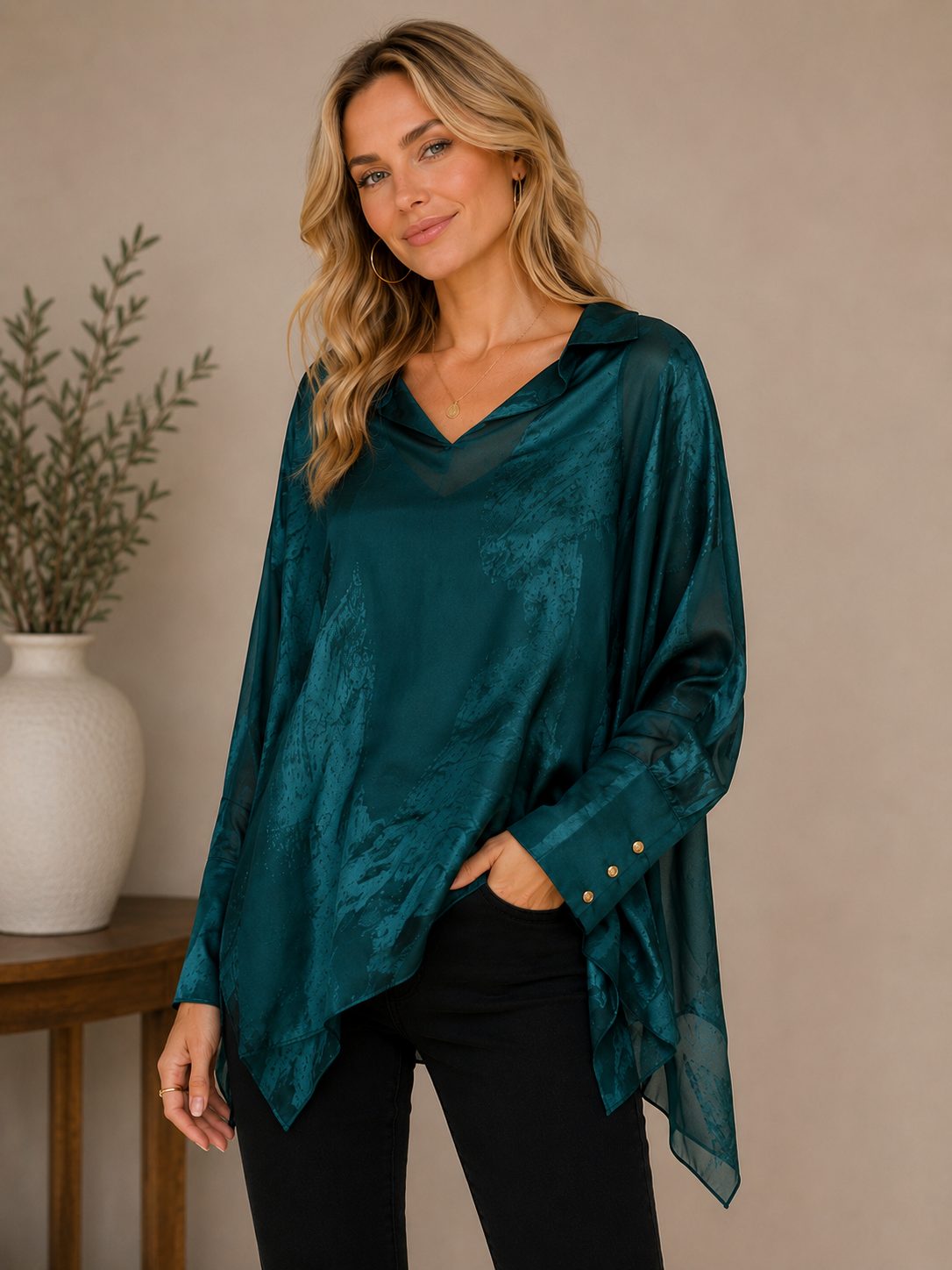 🌲 Donna Karan New York Emerald Satin Sheer Overlay Blouse – Elegant Flowy Designer Top ✨ Size Large