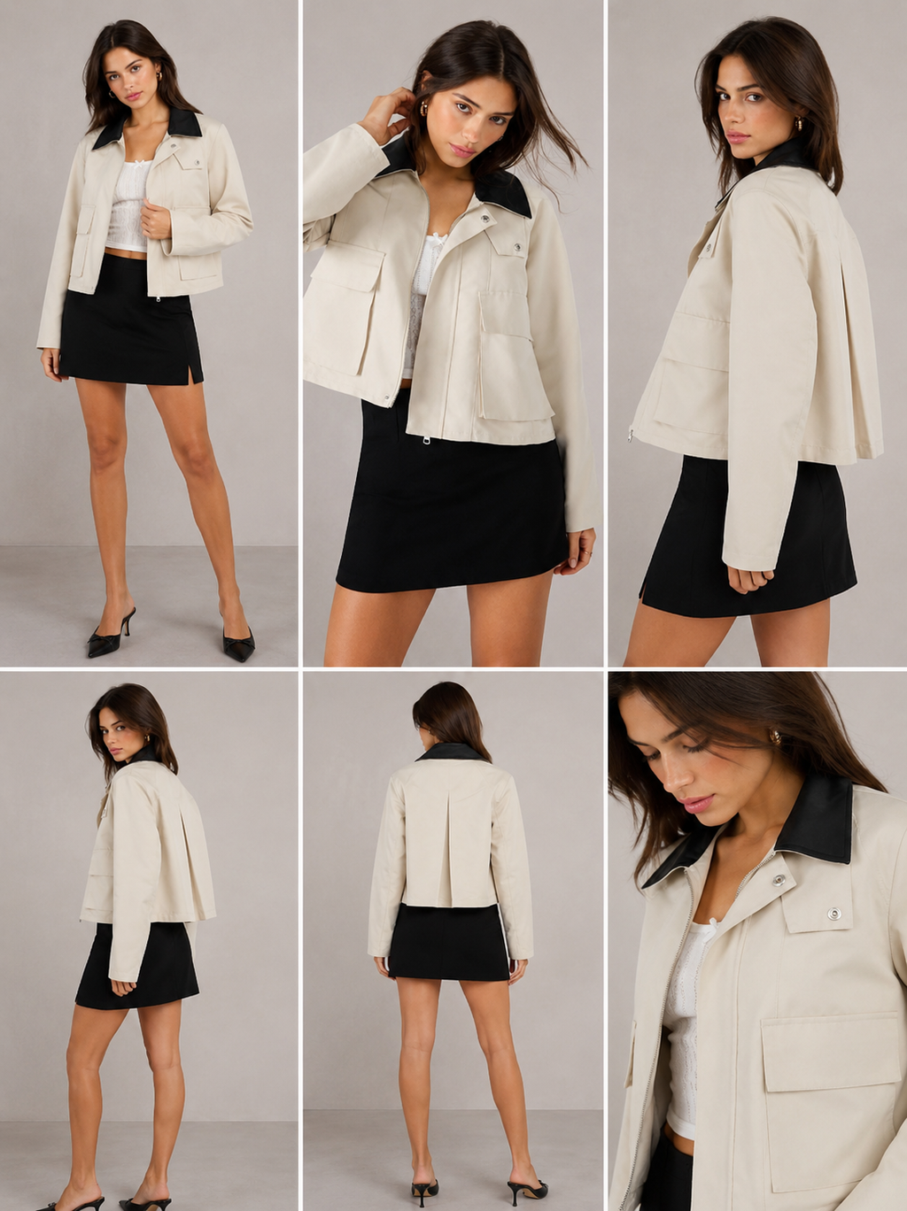 🖤 Steve Madden Justina Jacket – Oatmeal & Black Contrast Collar Cropped Utility Jacket | Chic Modern Layer - Size XS