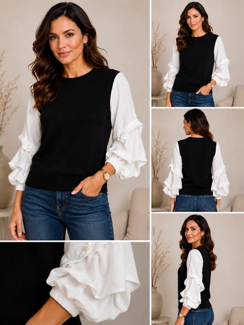 ✨ CeCe Rich Black Mixed Media Sweater Top – Pearl Detail Ruched Sleeves | Elegant Dressy Knit Blouse | Women’s Medium