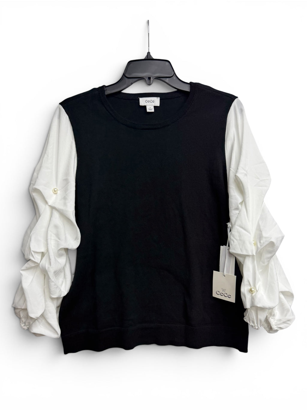✨ CeCe Rich Black Mixed Media Sweater Top – Pearl Detail Ruched Sleeves | Elegant Dressy Knit Blouse | Women’s Medium