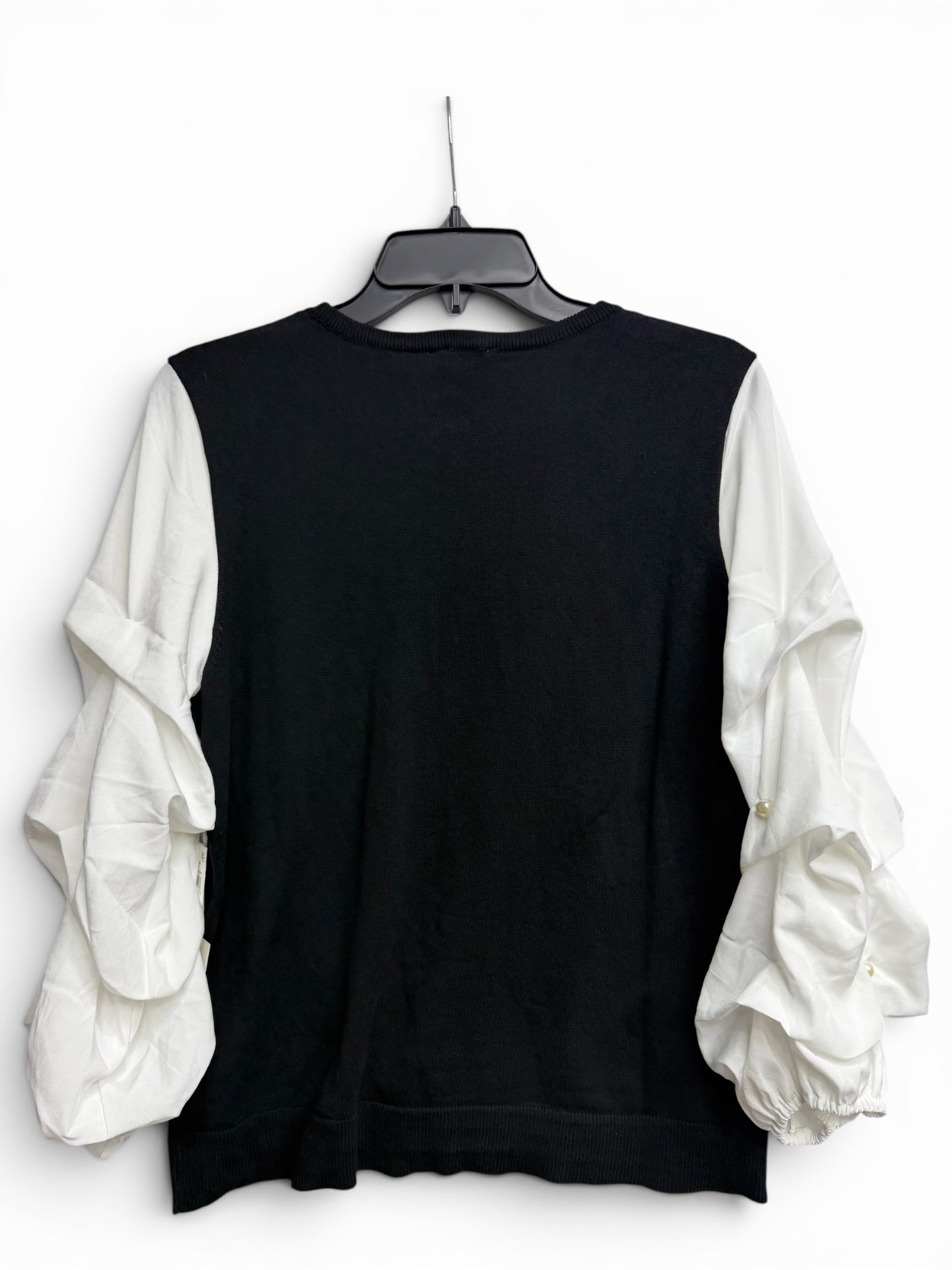 ✨ CeCe Rich Black Mixed Media Sweater Top – Pearl Detail Ruched Sleeves | Elegant Dressy Knit Blouse | Women’s Medium