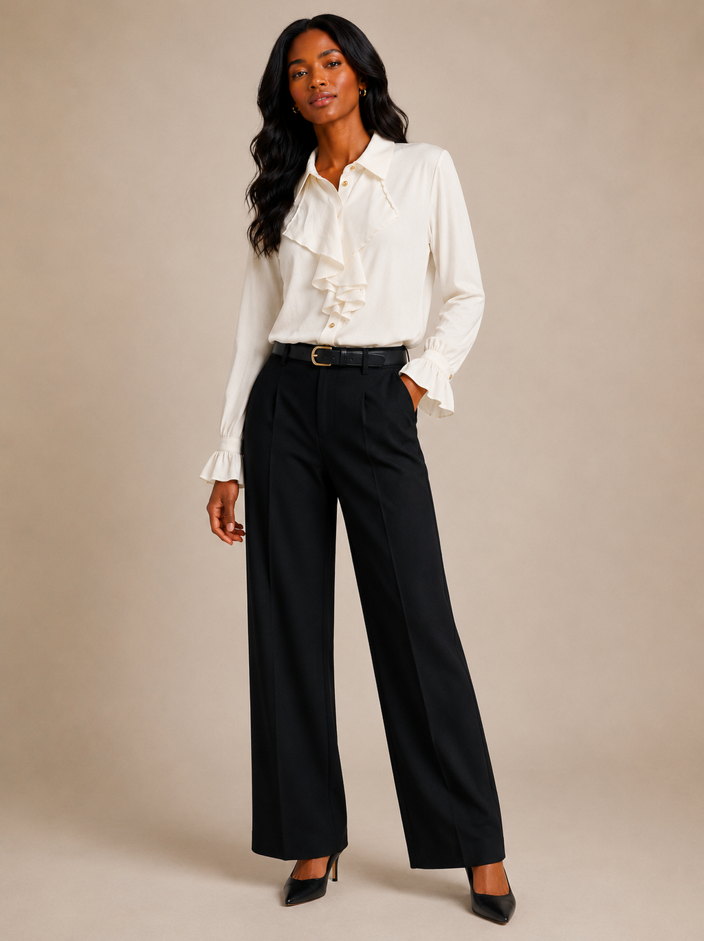 ✨ BCBG Ivory Ruffle Front Blouse – Elegant Long Sleeve Button Detail Top - Size Small