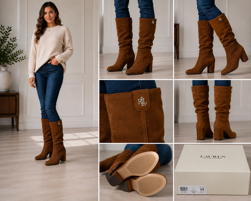 Brown kid suede knee-high boots for women by Lauren Ralph Lauren Artizan II, size 9B, with a sleek design and textured finish.