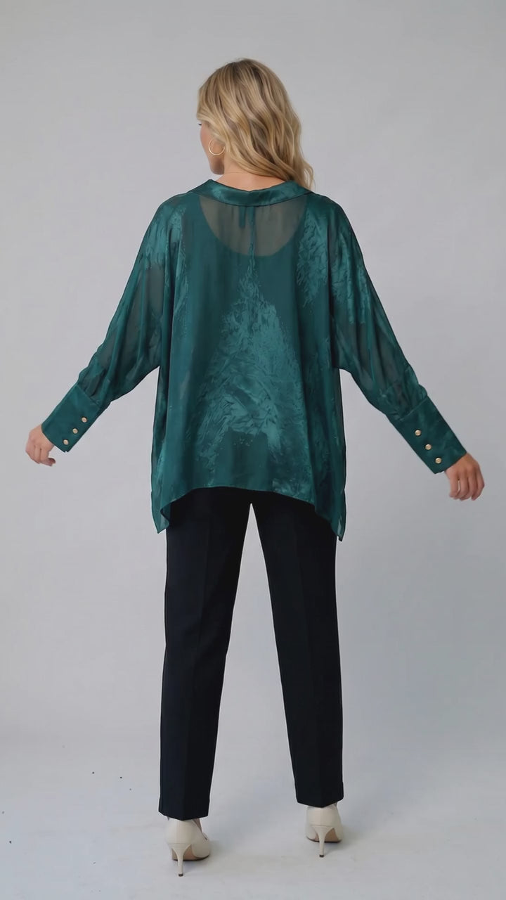 🌲 Donna Karan New York Emerald Satin Sheer Overlay Blouse – Elegant Flowy Designer Top ✨ Size Large