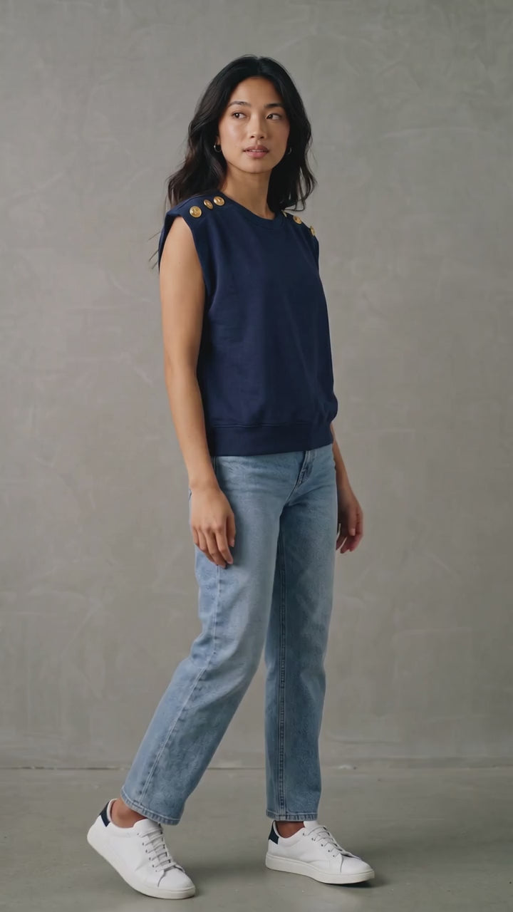 ❤️ Clare V. for Anthropologie Navy Gold Anchor Button Sleeveless Sweatshirt ❤️ Size Small