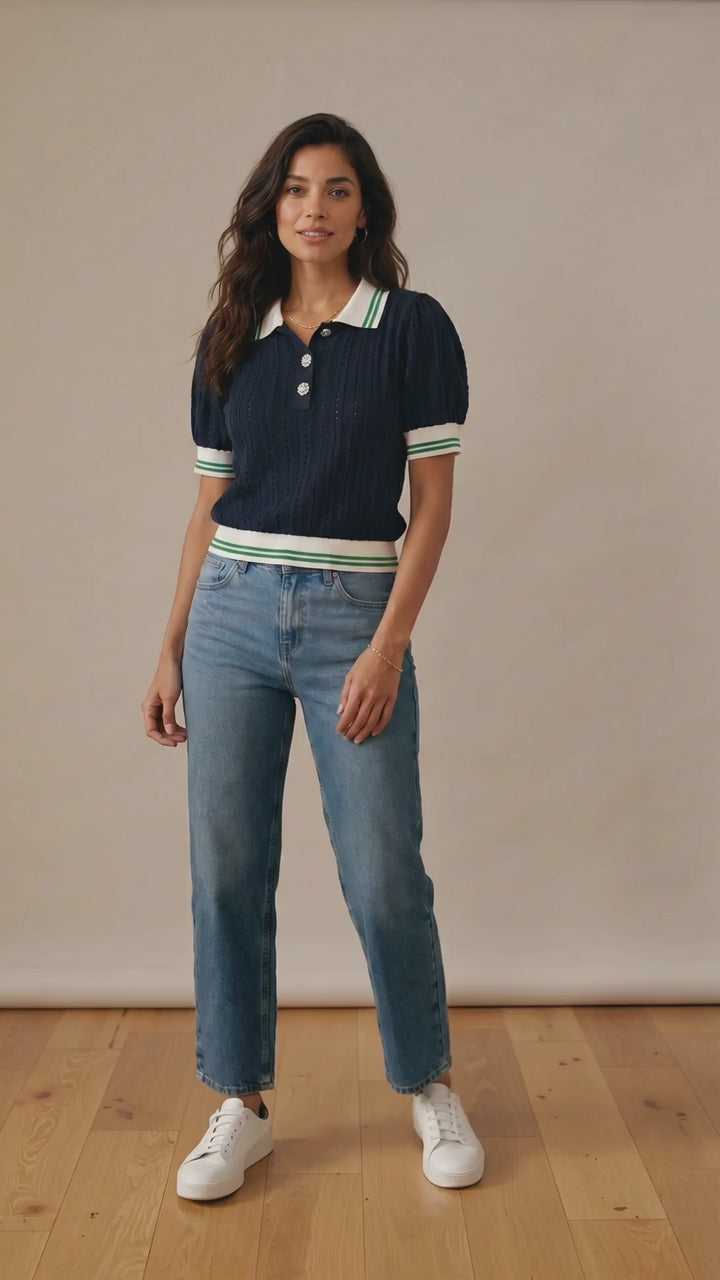 ✨ Anthropologie Maeve Navy Textured Knit Polo Top Jewel Button Puff Sleeve Preppy Sweater Shirt ✨ Size XS