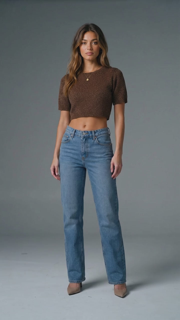 ✨ MISA Los Angeles Brown Sequin Knit Crop Sweater – Luxe Sparkle Cropped Top – ✨🤎 Size XS