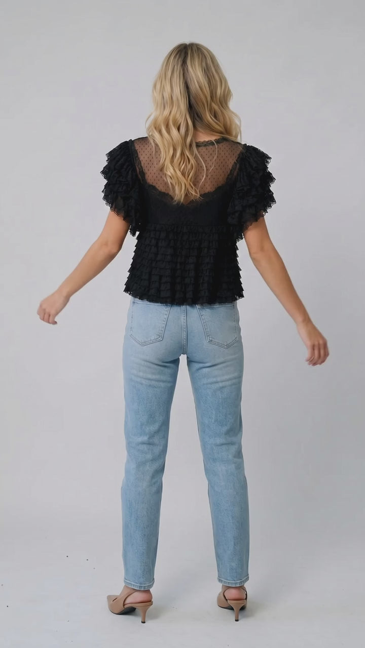 🖤 Anthropologie Black Onyx Sheer Swiss Dot Lace Ruffle Flutter Sleeve Blouse Top 🖤 - Size Large