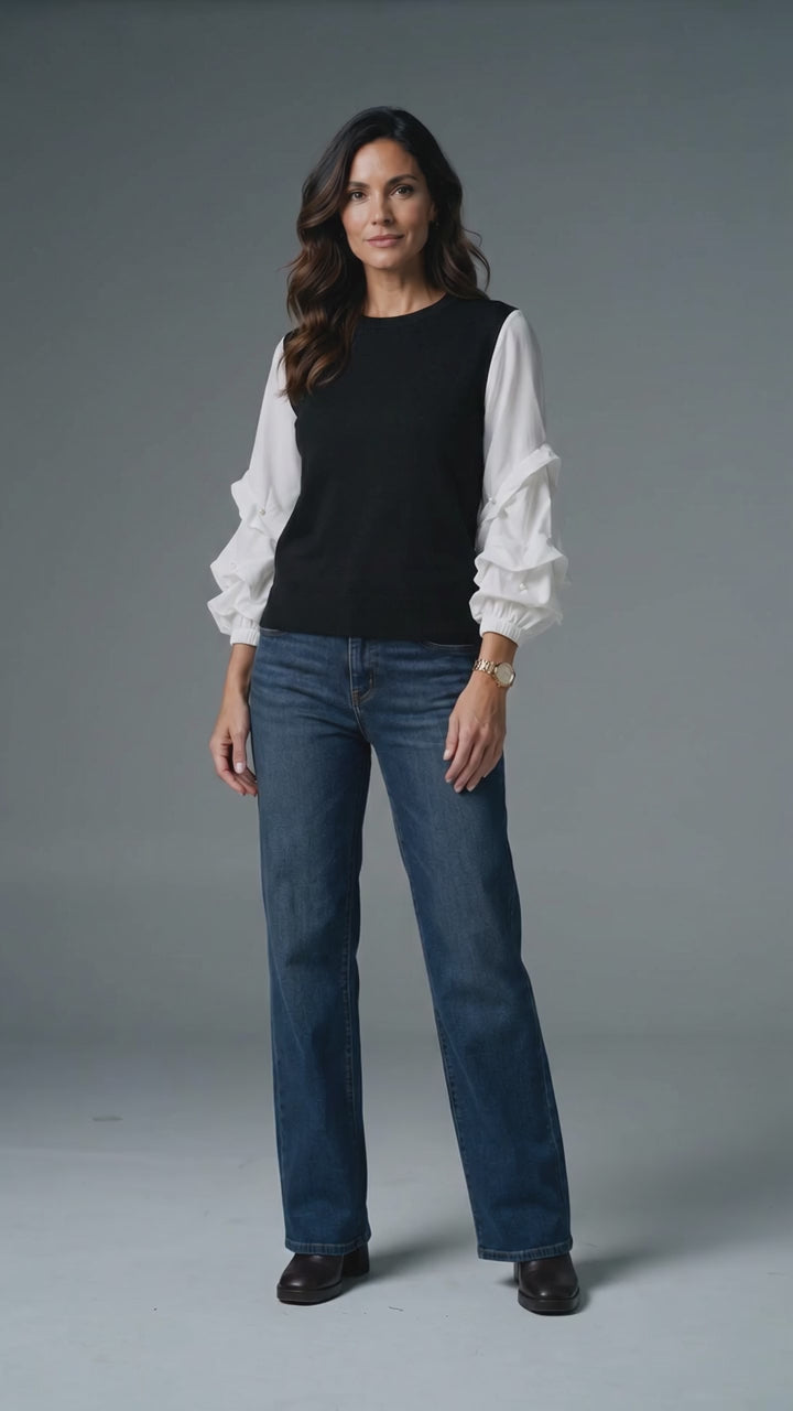✨ CeCe Rich Black Mixed Media Sweater Top – Pearl Detail Ruched Sleeves | Elegant Dressy Knit Blouse | Women’s Medium