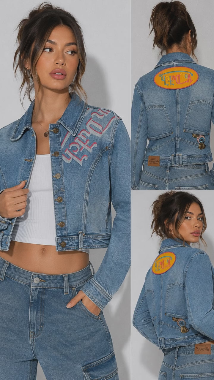 ✨ Von Dutch Originals Cropped Denim Jacket – Y2K Graphic Embroidered Jean Jacket – 💙🔥 ✨ Size XS